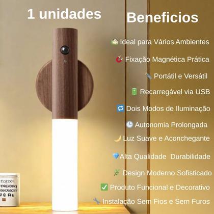 Imagem de Luminária de Parede LED Recarregável com Sensor de Movimento Luz Inteligente Magnética USB Decoração de Quarto, Escada, Cozinha e Corredor Amadeirada