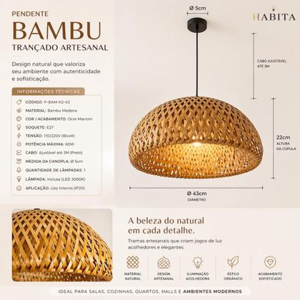 Imagem de Luminária De Teto Lustre Pendente Palha Madeira Quarto 43cm P-BAM-K2