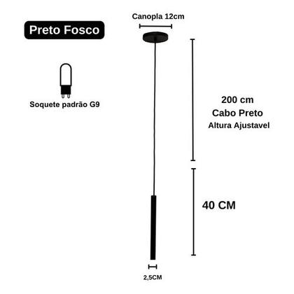 Imagem de Luminária de Teto Pendente Tubo p/ Sala Cozinha Quarto Preto