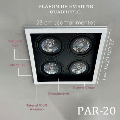 Imagem de Luminaria De Teto Spot De Embutir Recuado Preto Direcionavel Para 4 Par 20 E27