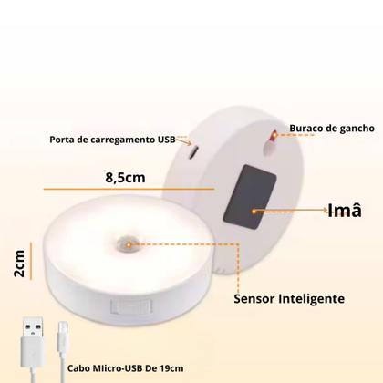 Imagem de Luminária Lâmpada Led Sem fio Sensor Presença Automático Recarregável Magnético  Branco Quente  Y33Y