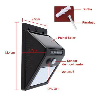 Imagem de Luminaria Lampada Solar Sensor Parede 20 Leds 12H Energia