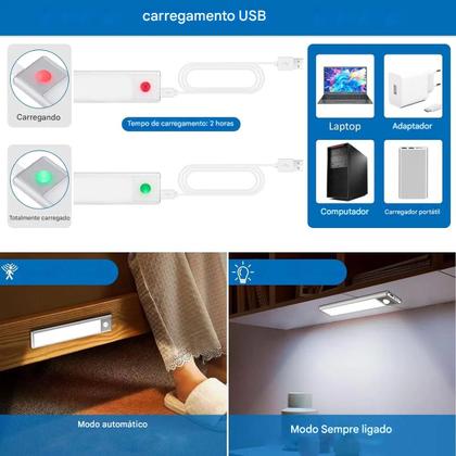 Imagem de Luminaria LED 3 Tons Sensor de Presença Movimento 3 Modos USB Bateria Recarregavel Armario Closet Quarto Sala Escada
