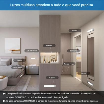 Imagem de Luminaria LED 3 Tons Sensor de Presença Movimento 3 Modos USB Bateria Recarregavel Armario Closet Quarto Sala Escada