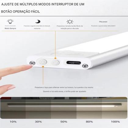 Imagem de Luminaria LED 3 Tons Sensor de Presença Movimento 3 Modos USB Bateria Recarregavel Armario Closet Quarto Sala Escada