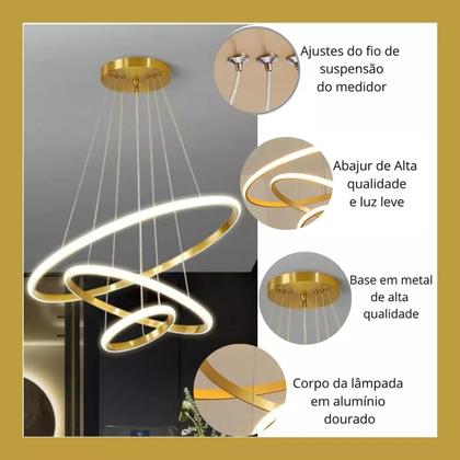 Imagem de Luminária LED 80 Watts 3 Anéis 115cm Altura Ajustável Lustre Pendente Suspenso Teto Gimpo KJDD-L-176