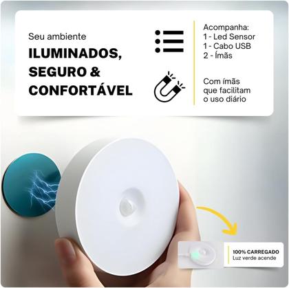 Imagem de Luminária LED com Sensor de Presença Automático Iluminação Inteligente Recarregável USB Luz Branco Frio