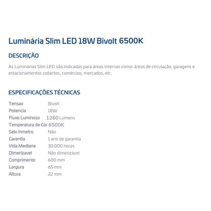 Imagem de Luminária Led de Teto 18w 60cm 1.260Lm Branco Frio 6.500K Slim Wide Tube - Inluss