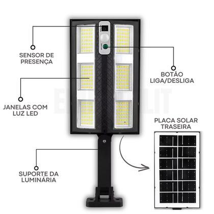 Imagem de Luminária LED Externa com Placa Carregamento Solar e Controle 3 Modos Sensor de Presença 150W