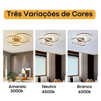 Imagem de Luminaria Lustre de Teto LED 45w Pendente Anéis 3 Cores em 1 para Sala Circles Dourado