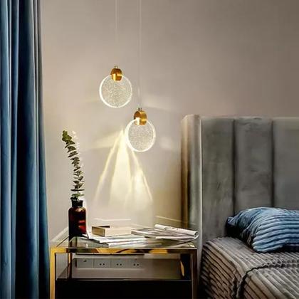 Imagem de Luminaria Lustre Pendente Disco Lua de Cristal com Bolinhas Led Iluminaçao Decoraçao Moderno Quarto Casa Cozinha Sala de Estar Ambiente Interno