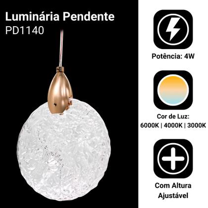 Imagem de Luminária Lustre Pendente Led Esfera Dourado Cristal Pd40