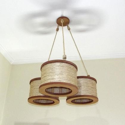 Imagem de Luminária Lustre Pendente Rústico Retro Madeira Sisal 35Cm