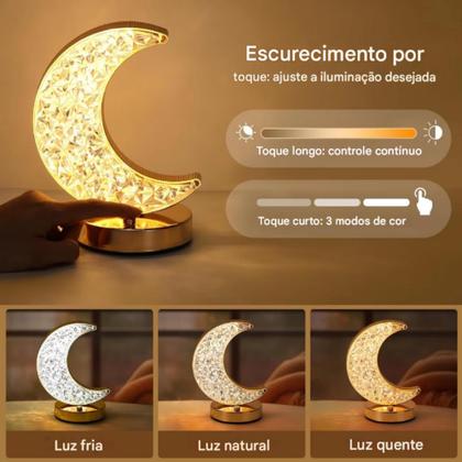 Imagem de Luminária Luxo Meia Lua Abajur Touch Cristal 3D Carrega USB, 3 Intensidades De Cores TB082103