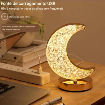 Imagem de Luminária Luxo Meia Lua Abajur Touch Cristal 3D Carrega USB, 3 Intensidades De Cores TB082103