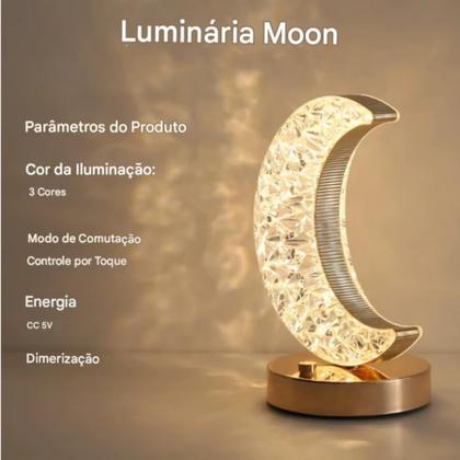 Imagem de Luminária Luxuosa Meia Lua Abajur Touch Cristal 3D Carrega USB, 3 Intensidades De Cores TB082103
