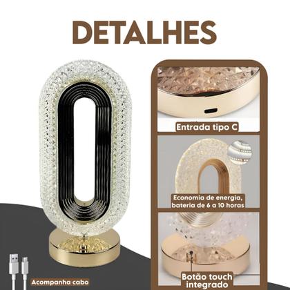 Imagem de Luminaria Mesa Abajur Cristal Touch Led 3 Cores Recarregável