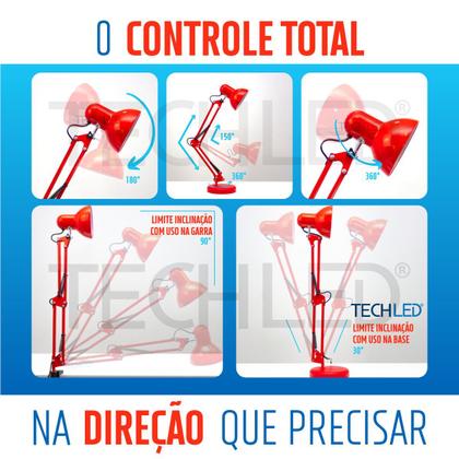 Imagem de Luminaria Mesa Articulada Pixar Vermelha Techled Garra Base Luminaria Quarto Sala