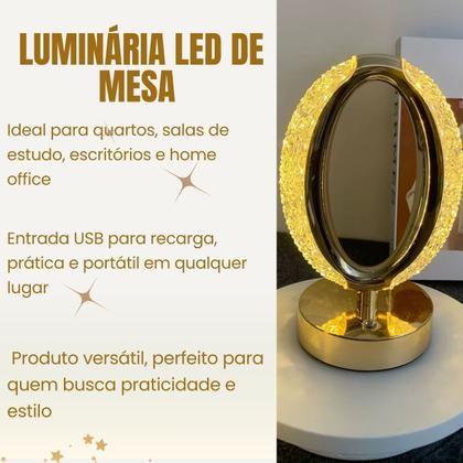 Imagem de Luminária Oval Cristal Premium LED de Mesa com 3 modos USB