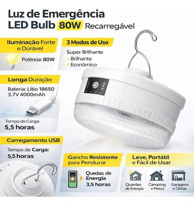 Imagem de Luminária Para Barraca Lampada Led 80w Grande Bateria Epilha