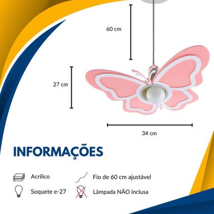 Imagem de Luminária Pendente Borboleta Infantil Para Quarto Menina Rosa Claro E27 Bivolt Bebê Céu Delicado
