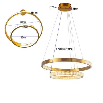 Imagem de Luminaria Pendente Lustre 2 Aneis Cristal Arco Dourado Led 52W Sala de Jantar Restaurante Ambiente Casa Sala de Estar Residencial Comercial Moderno Lu