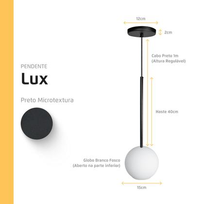 Imagem de Luminária Pendente Lux Preto Globo Vidro Branco Fosco + Led