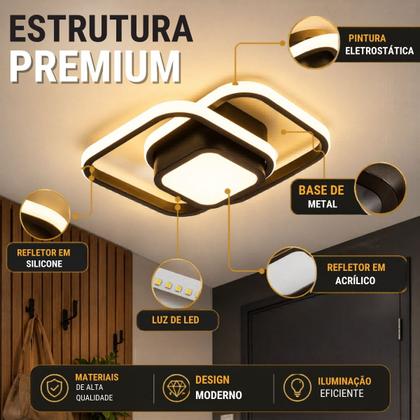 Imagem de Luminária Plafon LED Teto Pendente Duplo Quadrado Luz Led Sobrepor Preta 29x29cm 26W Difusor Central