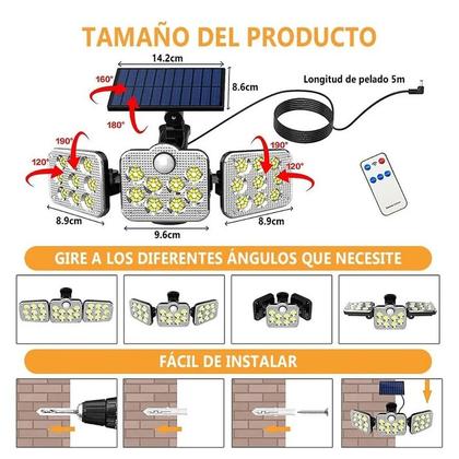 Imagem de Luminária Refletor Lâmpadas Solar Led Externa Sensor 138 leds Trio Jardim 270