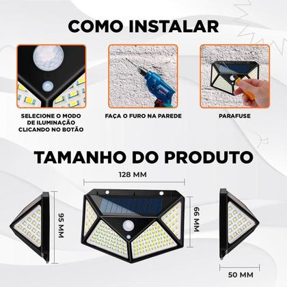 Imagem de Luminaria Solar 100 Leds Com Sensor Jardim Prova D'Água