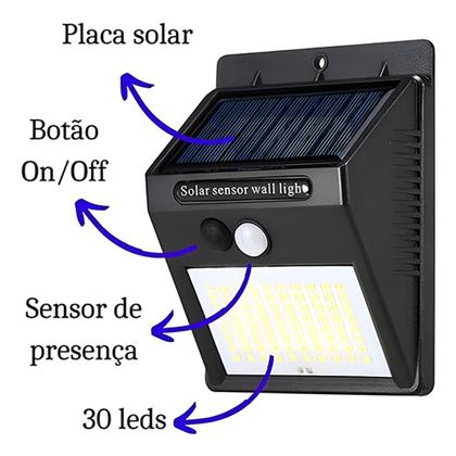 Imagem de Luminária Solar 30 Leds Sensor de Movimento Lâmpada Á Prova D'água para Área Externa Jardim