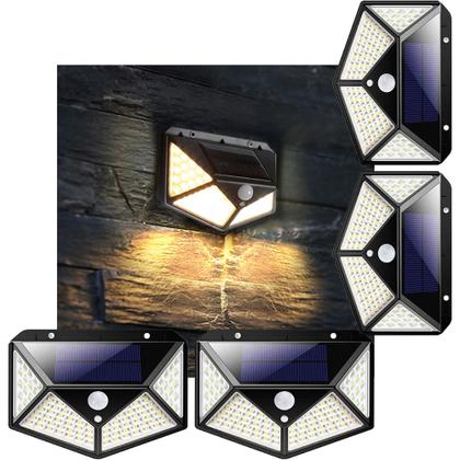 Imagem de Luminaria Solar Arandelas Parede Sensor Movimento 100 Leds 3 Funçoes Kit 4 Und Casa Iluminaçao Externa Luz Segurança Detecta presença