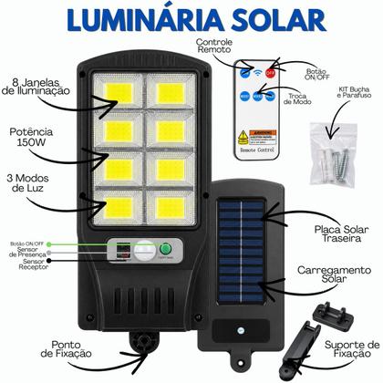 Imagem de Luminária Solar Externa Refletor de Poste 150W Com Controle Remoto e Sensor de Presença Luz Led Para Jardim Quintal