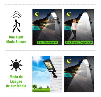 Imagem de Luminária Solar Inteligente Refletor Led 100w Poste Sensor Presença Controle 160 Leds Cob Branco Bateria