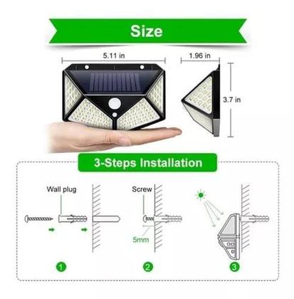 Imagem de Luminária Solar Parede 100 Led Sensor Presença 3 Funções Cor Preto