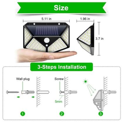 Imagem de Luminaria Solar Sensor de Movimento Branco Quente Presença Parede 100 LED 3 Funçoes Lampada Prova d'Agua Iluminaçao