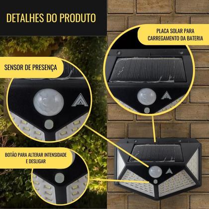 Imagem de Luminaria Solar Sensor Movimento Presença Parede 100 LEDs Lampada Refletor Resistente Agua