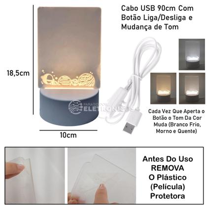 Imagem de Luminária USB 3D Tipo Lousa P/ Recados e Mensagens Com Caneta Mágica KL1512 KL1516 KL1517 KL1518