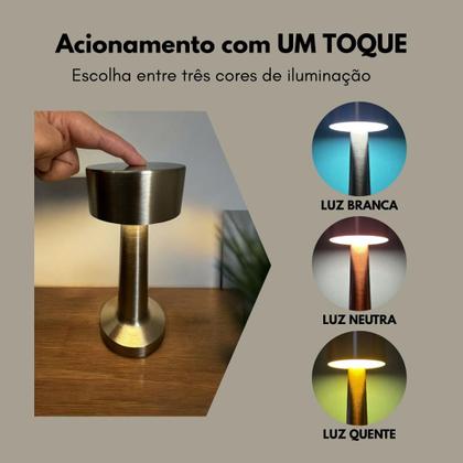 Imagem de Luminy Touch Luminária Abajur Sem Fio Led várias cores Recarregável Dimável USB Premium Metal Escovado Moderno