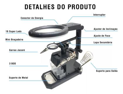 Imagem de lupa com garras jacaré 3 gavetas organizadoras lente com led e suporte ferro de solda