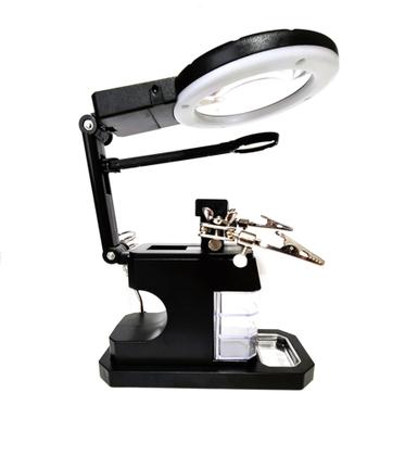 Imagem de lupa com garras jacaré 3 gavetas organizadoras lente com led e suporte ferro de solda