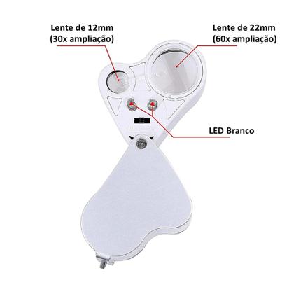 Imagem de Lupa Conta Fio 30x 60x Lente Dupla Com LED Branco Portátil Otimizada 98896