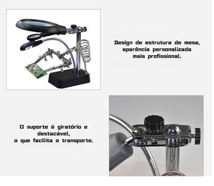 Imagem de Lupa De Bancada Mesa Com Suporte 5 Leds 3 Lentes Garras De Solda 2073