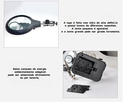 Imagem de Lupa De Bancada Mesa Com Suporte 5 Leds 3 Lentes Garras De Solda 2073
