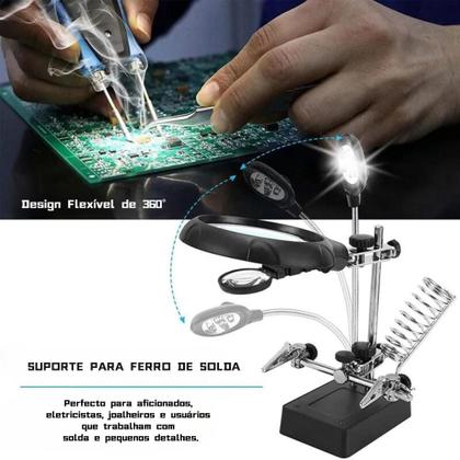 Imagem de Lupa De Bancada Mesa Com Suporte 5 Leds 3 Lentes Garras De Solda 2073