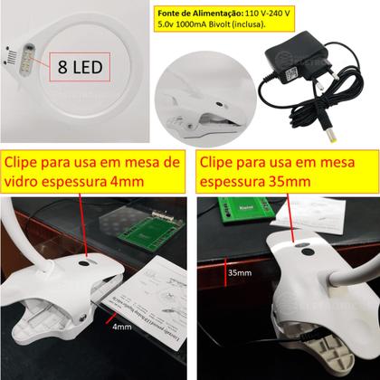 Imagem de Lupa De Mesa Ampliação 2,3x Foco 250mm 8 Led De Qualidade Com Clipe Para Fixa BC108C