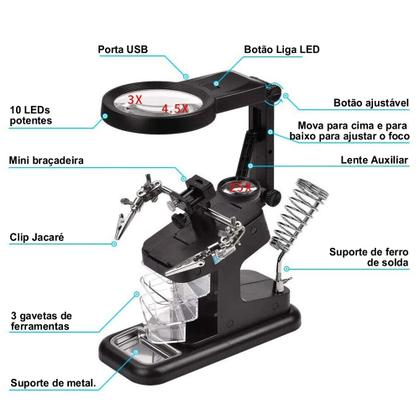 Imagem de Lupa De Mesa Bancada 16 LEDs Com Garras Suporte Ferro Solda 3 Gavetas CBRN20393 - Commerce Brasil