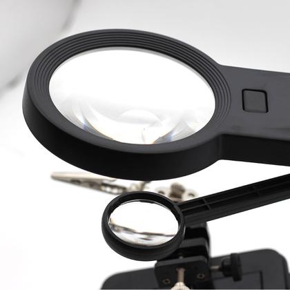 Imagem de Lupa De Mesa Bancada 16 LEDs Com Garras Suporte Ferro Solda 3 Gavetas CBRN20393 - Commerce Brasil