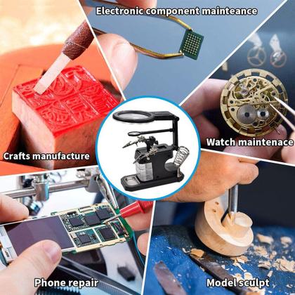 Imagem de Lupa De Mesa Bancada 16 LEDs Com Garras Suporte Ferro Solda 3 Gavetas CBRN20393 - Commerce Brasil