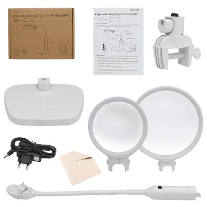 Imagem de Lupa Luminária Óptica 2 Lentes 2x e 5x Acrílica e 6 LEDs Com Base e Clip de Fixação  7763